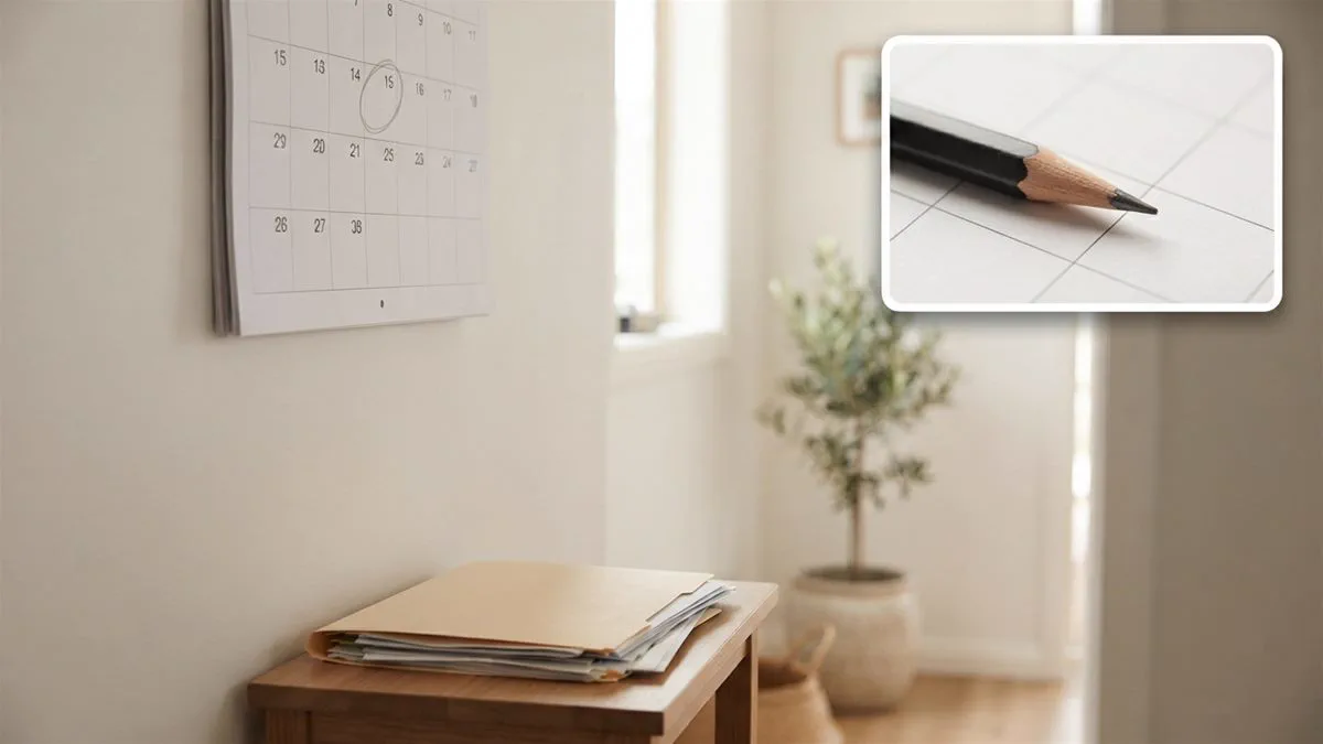 A wall calendar with the end of June marked, beside a folder of superannuation paperwork